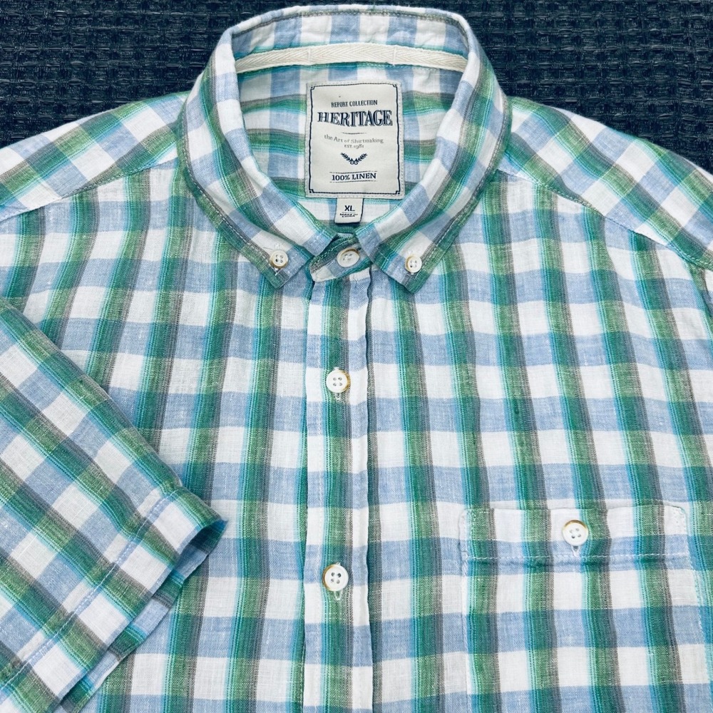 Heritage Report Collection 100% Linen Shirt Mens XL Green Blue Gingham Plaid
